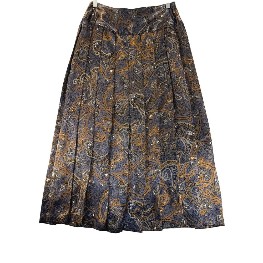 Notations Vintage Paisley Satin Pleated Midi Skirt Size S Made in‎ USA Boho